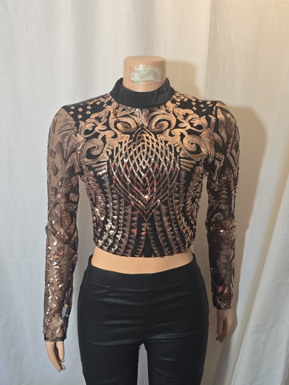 Women's Black & Rose Gold Sequin Mock Neck Crop Top